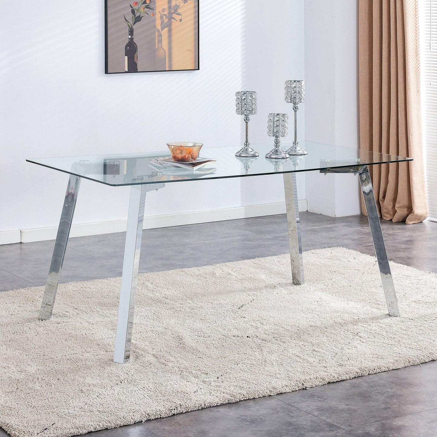 A modern minimalist rectangular glass dining table with tempered glass tabletop and silver metal legs - FurniFindUSA