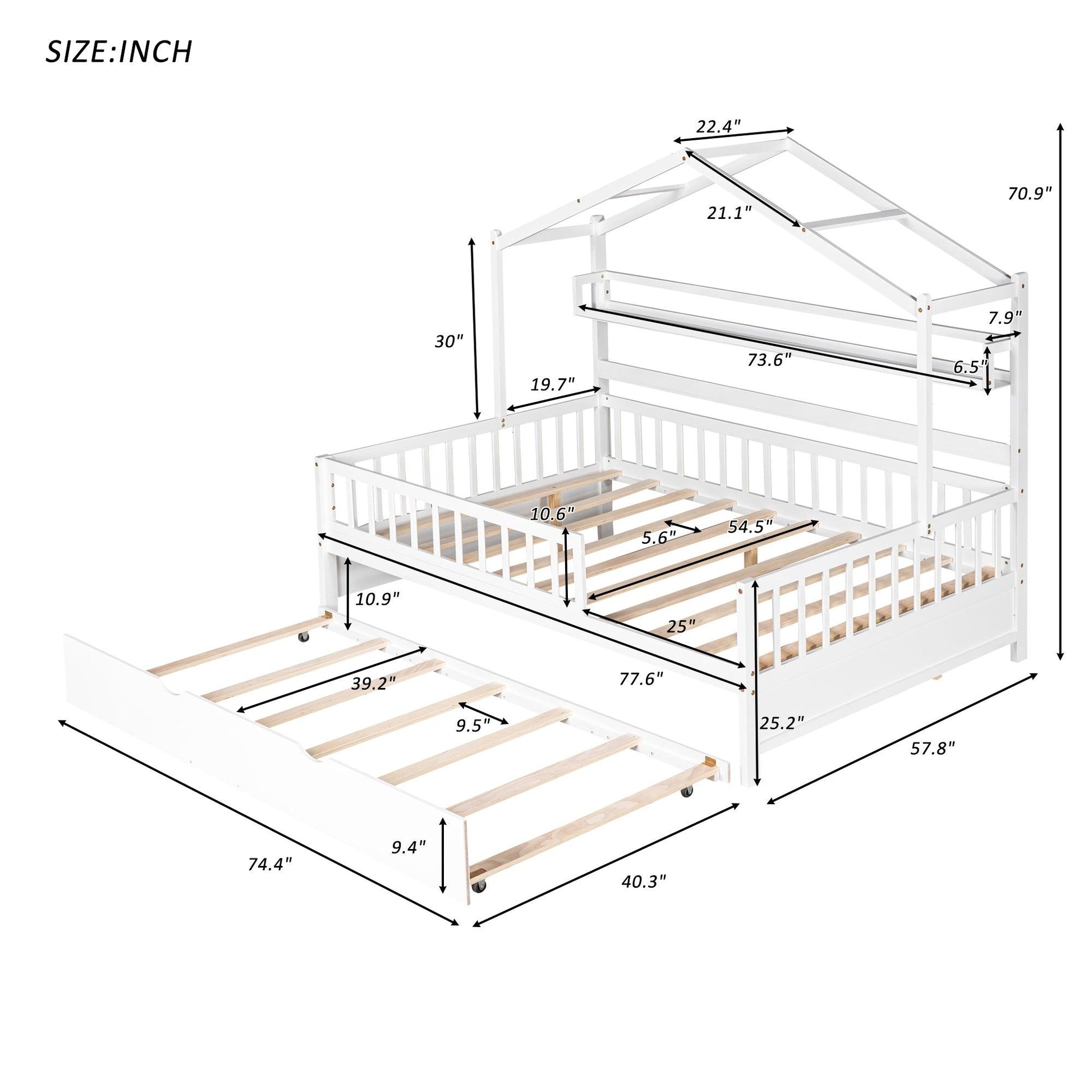 Wooden Full Size House Bed with Twin Size Trundle Kids Bed with Shelf White - FurniFindUSA