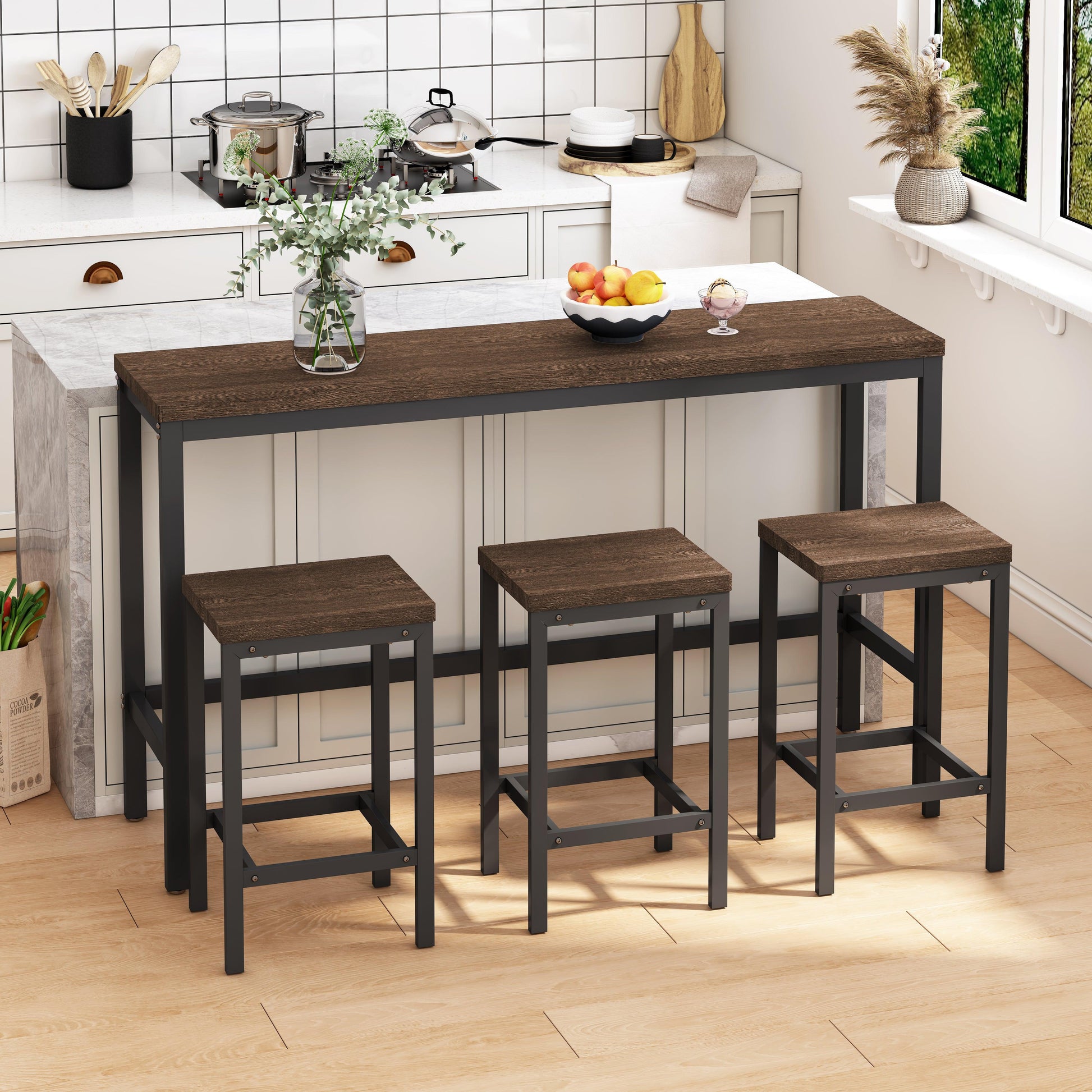 Modern Design Kitchen Dining Table Pub Table Long Dining Table Set with 3 Stools Easy Assembly Dark Brown - FurniFindUSA