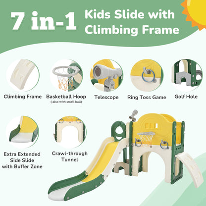 Kids Slide Playset Structure 7 in 1, Freestanding Spaceship Set with Slide, Arch Tunnel Yellow + HDPE - FurniFindUSA