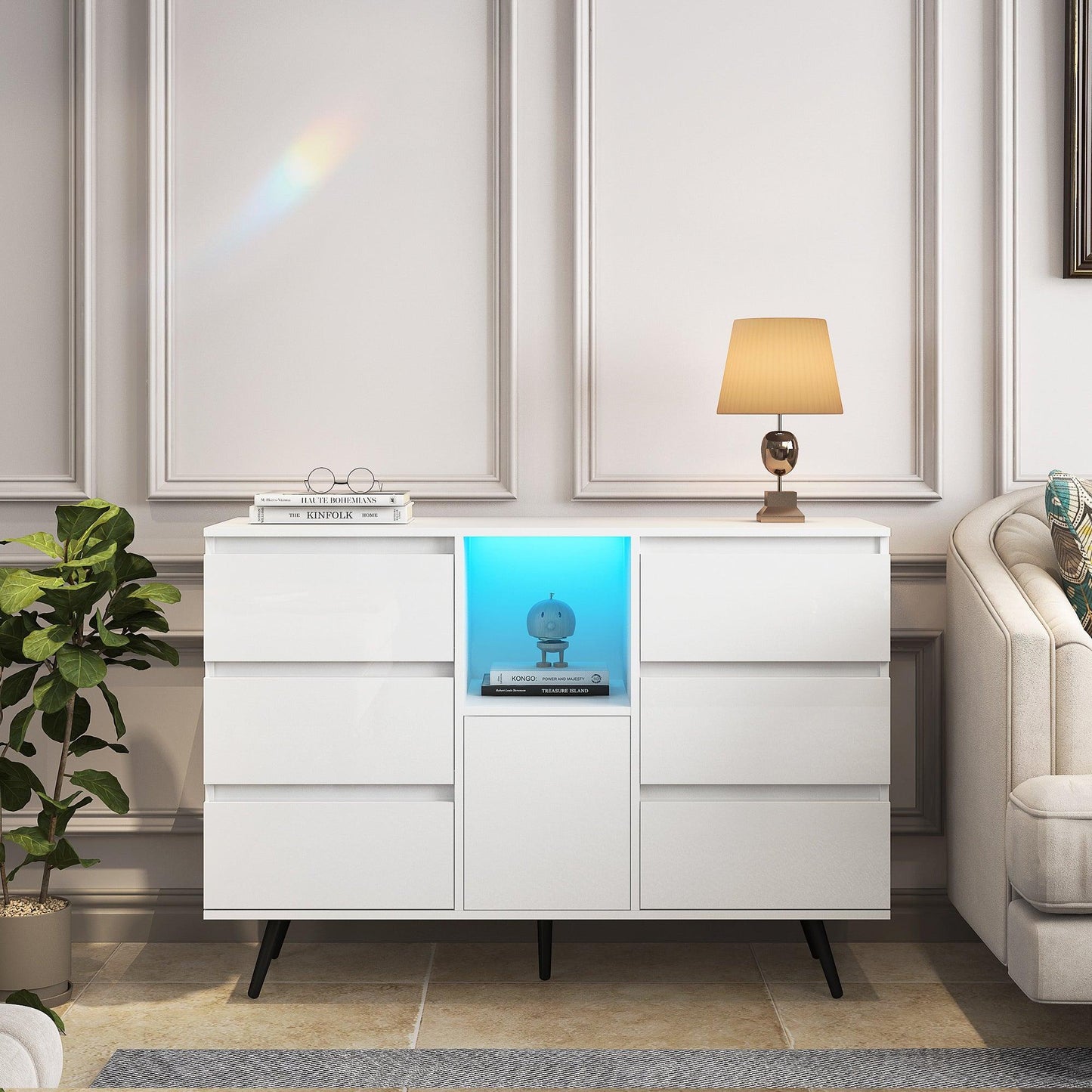 Living Room Sideboard Storage Cabinet White High Gloss with LED Light - FurniFindUSA