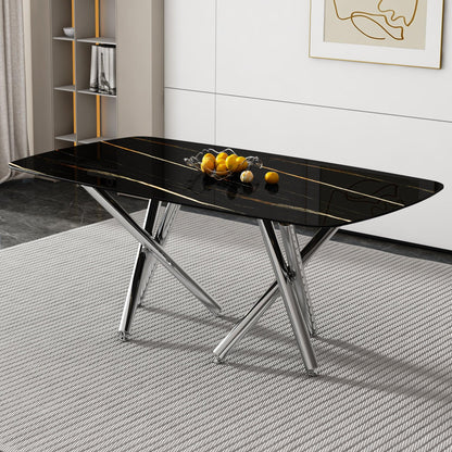 Large modern minimalist rectangular dining table with 0.39 "imitation marble black tabletop and silver metal legs - FurniFindUSA