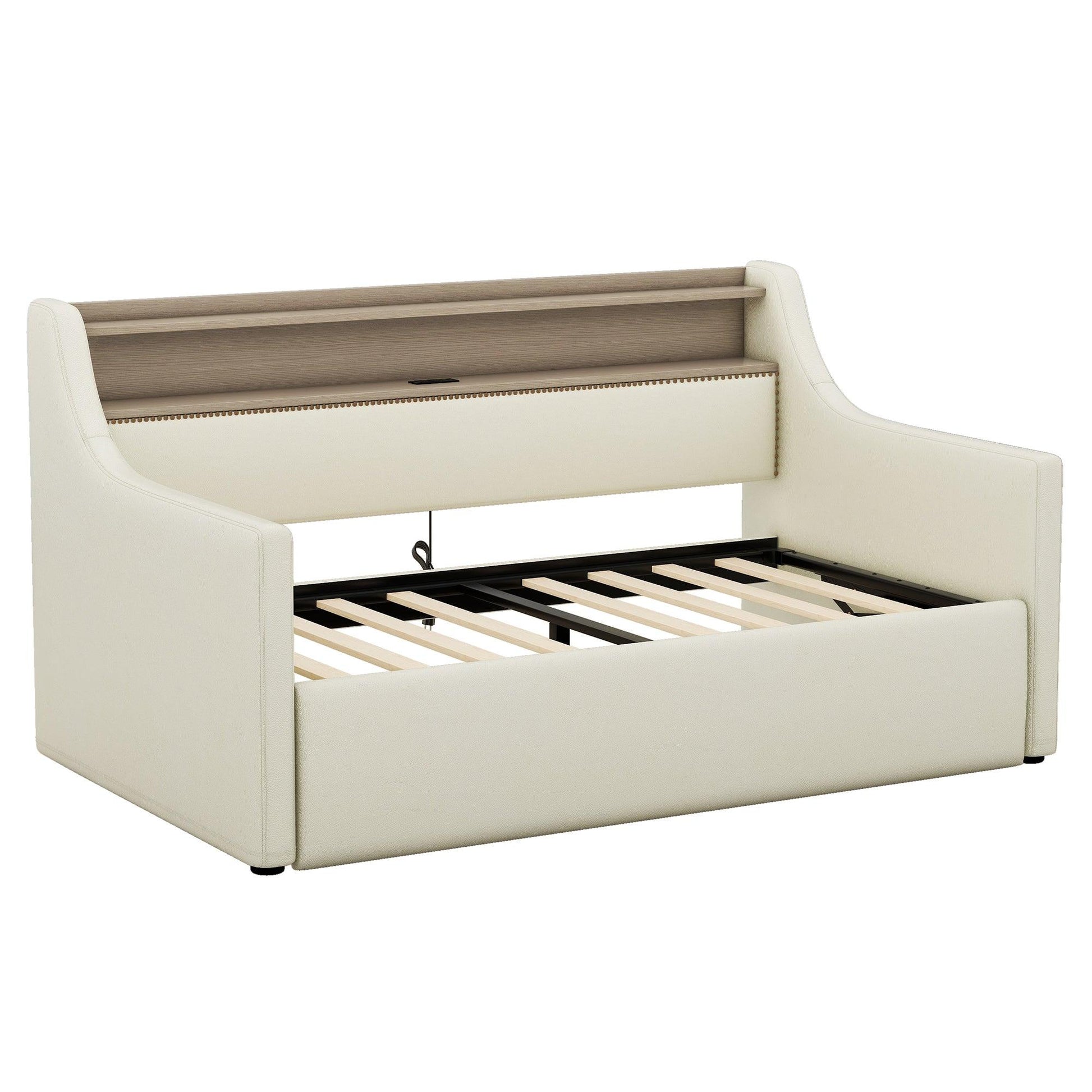 Twin Size Daybed with Hydraulic Storage Upholstered Daybed with Lift Up Storage Beige - FurniFindUSA