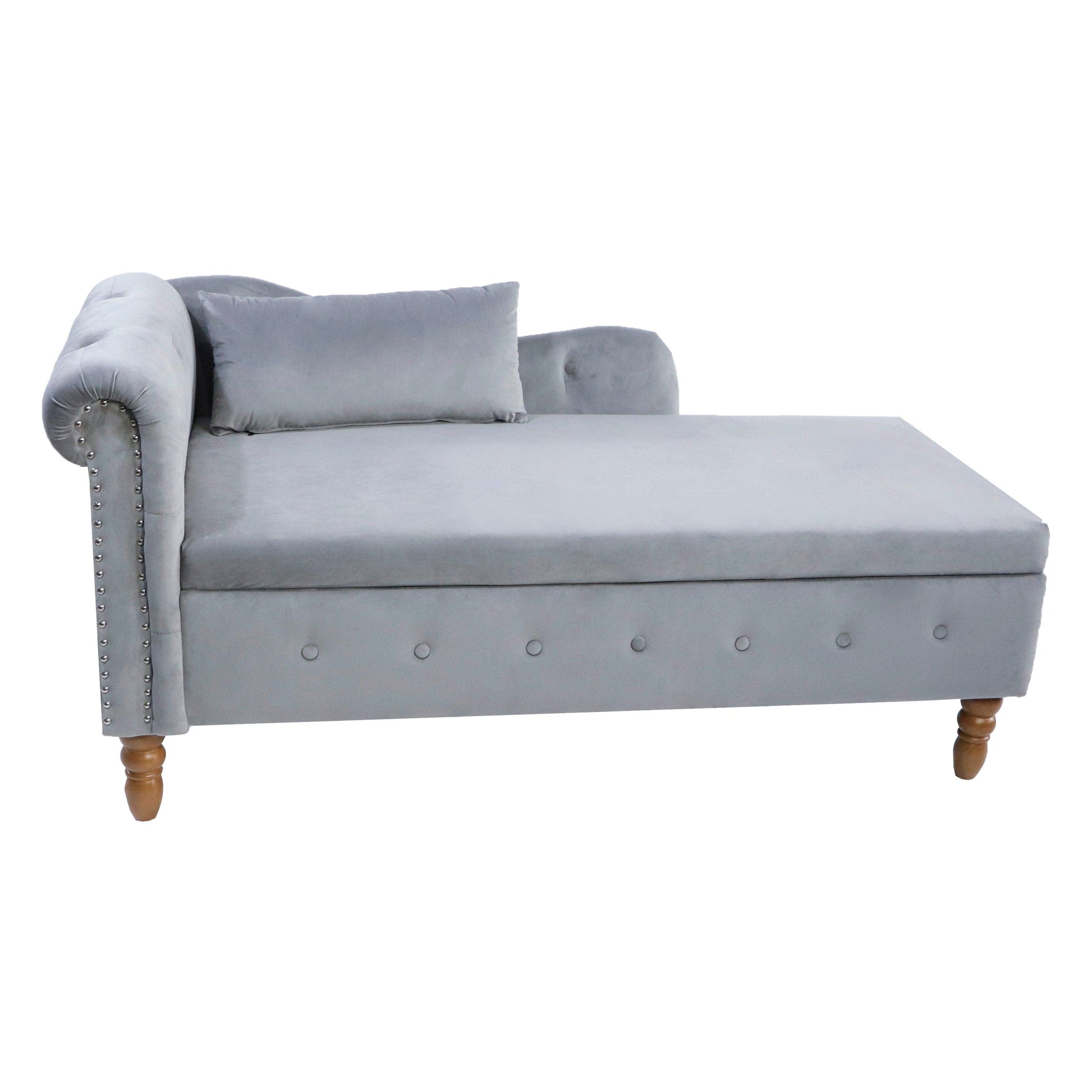 Grey Chaise Lounge Indoor Velvet Lounge Chair for Bedroom with Storage & Pillow Modern Upholstered Rolled Arm Chase Lounge - FurniFindUSA