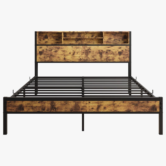 Queen Bed Frame with Storage Headboard Metal Platform Bed with Charging Station Bookcase Storage Black - FurniFindUSA