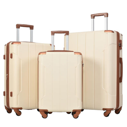 Hardshell Luggage Sets 3 Pcs Spinner Suitcase with TSA Lock Lightweight 20''24''28'' Brown white + ABS - FurniFindUSA