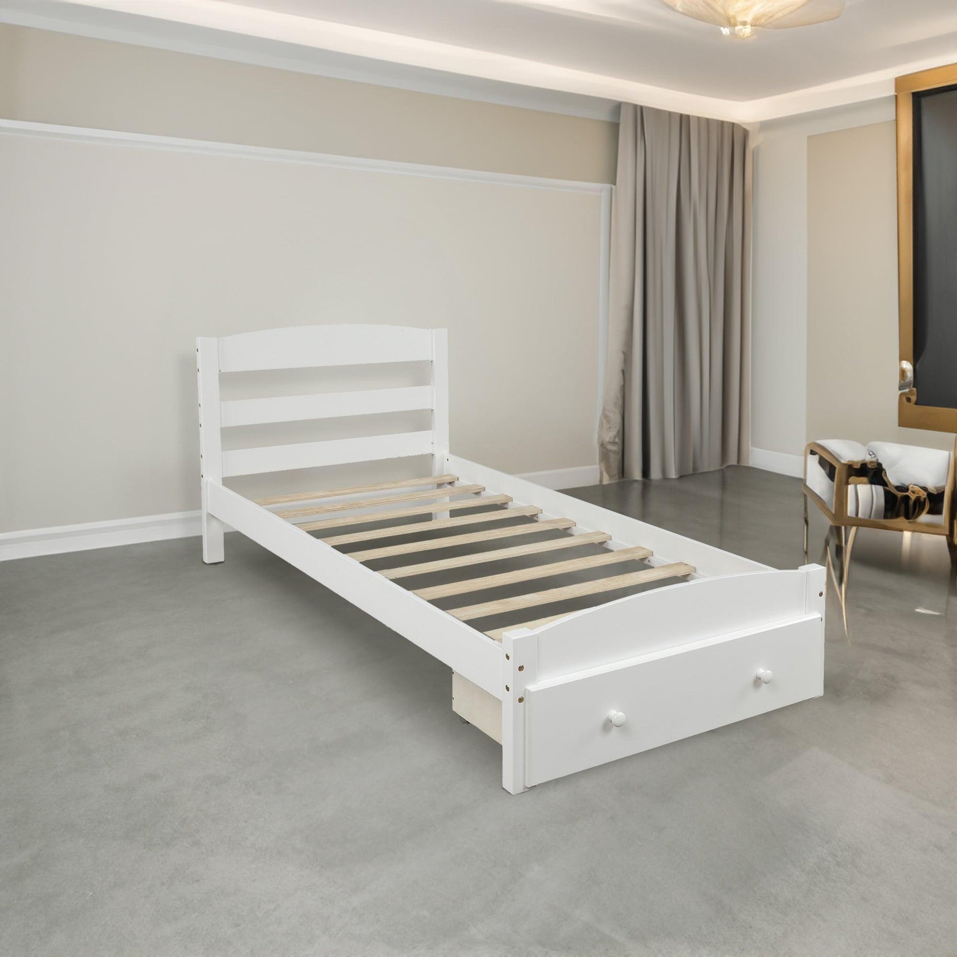 Platform Twin Bed Frame with Storage Drawer and Wood Slat Support No Box Spring Needed White - FurniFindUSA