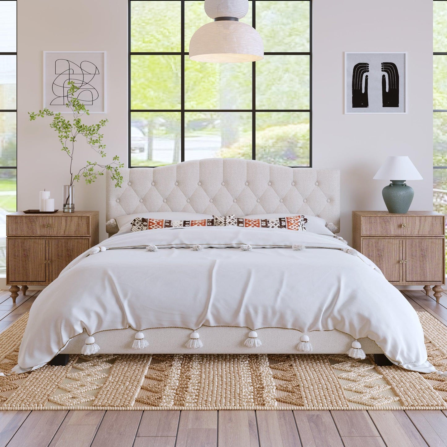 Upholstered Platform Bed with Saddle Curved Headboard and Diamond Tufted Details King Beige - FurniFindUSA