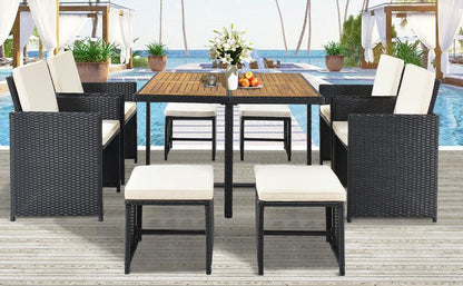 TOPMAX Patio All-Weather PE Wicker Dining Table Set with Wood Tabletop for 8, Black Rattan+Beige Cushion (9-Piece) - FurniFindUSA