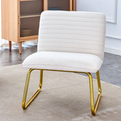One White minimalist armless sofa chair with plush cushion and backrest paired with golden metal legs - FurniFindUSA