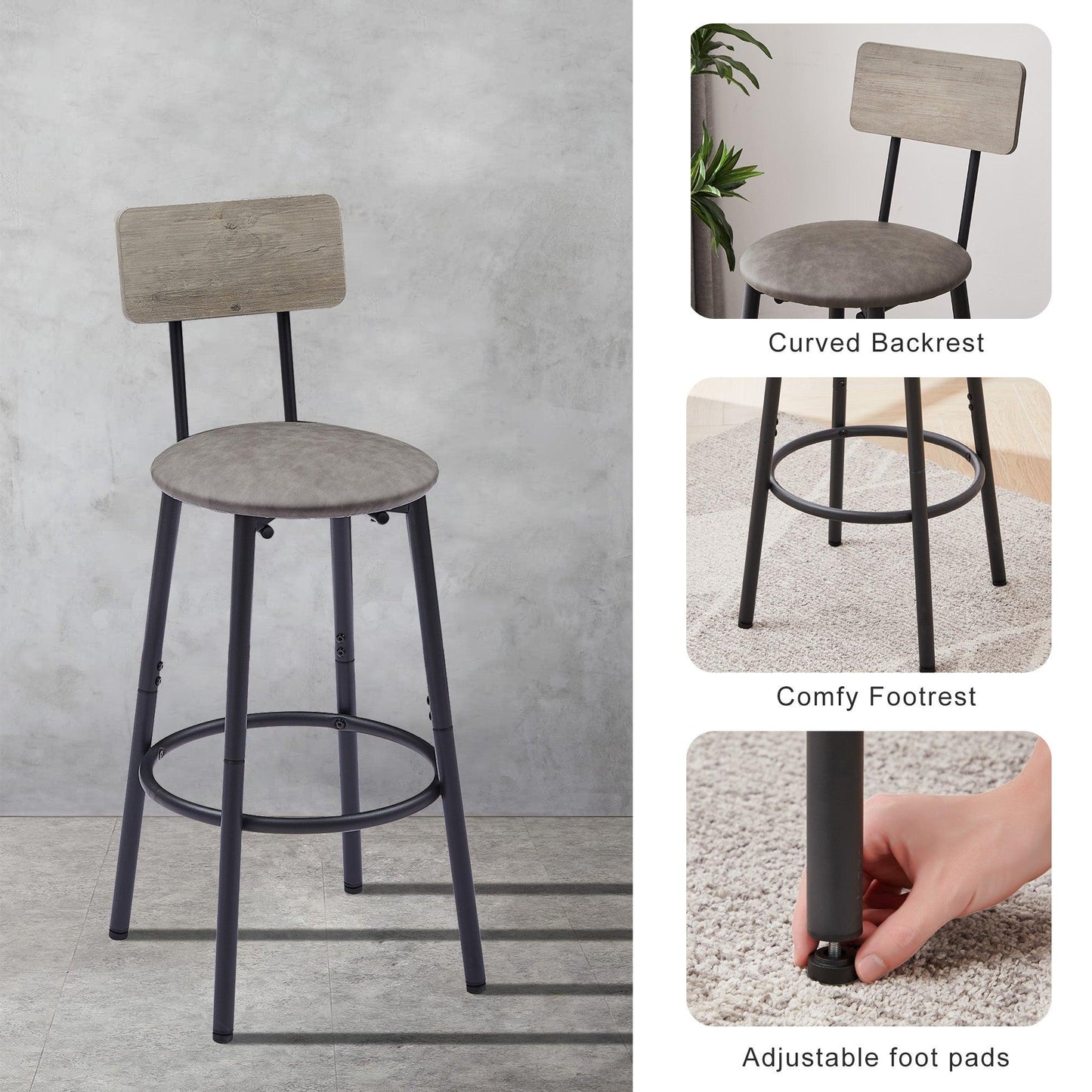 Bar Table Set with 2 Bar stools PU Soft seat with backrest Grey 43.31'' L x 15.75'' W x 35.43'' H - FurniFindUSA