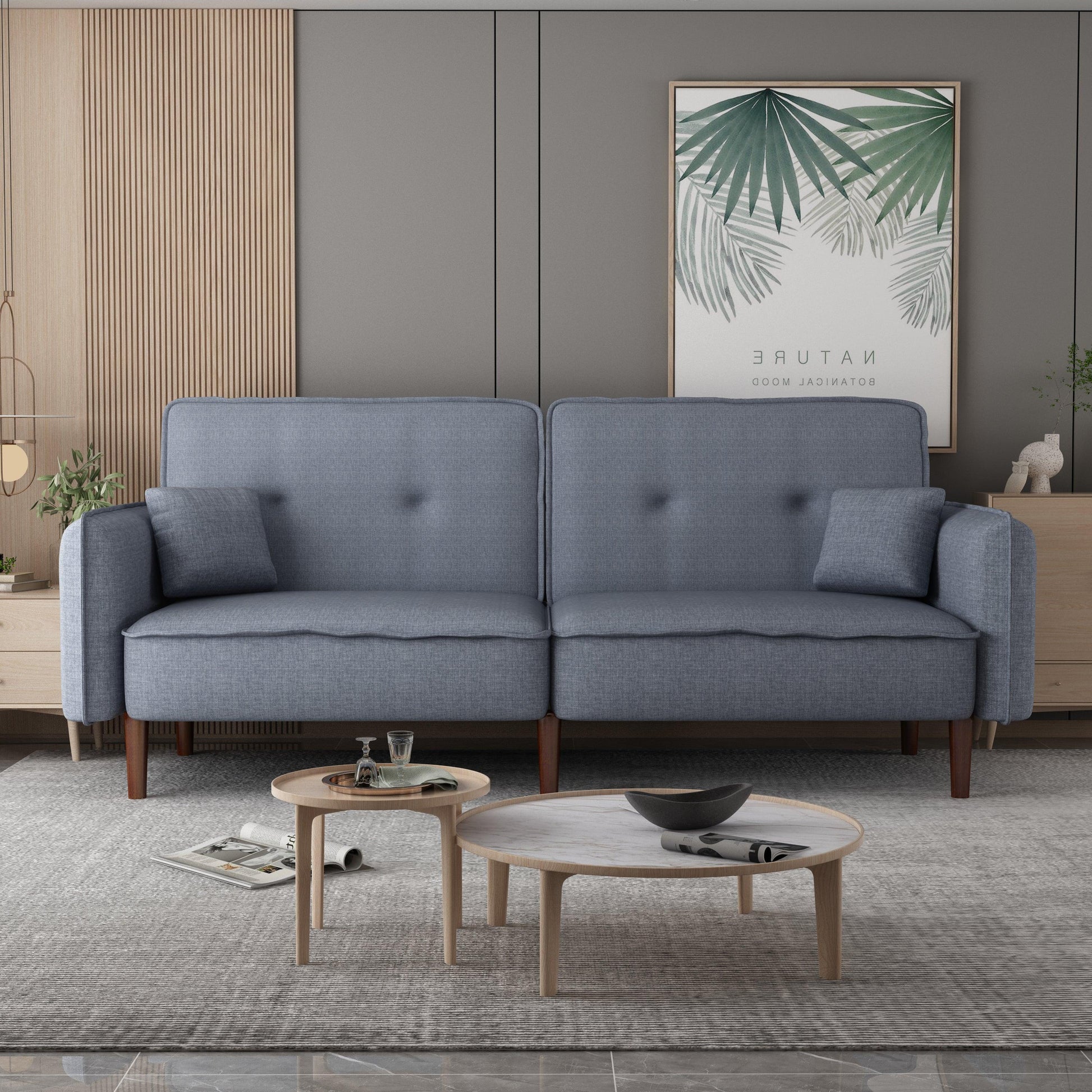 Futon Sofa bed with Solid Wood Leg in Grey Fabric - FurniFindUSA