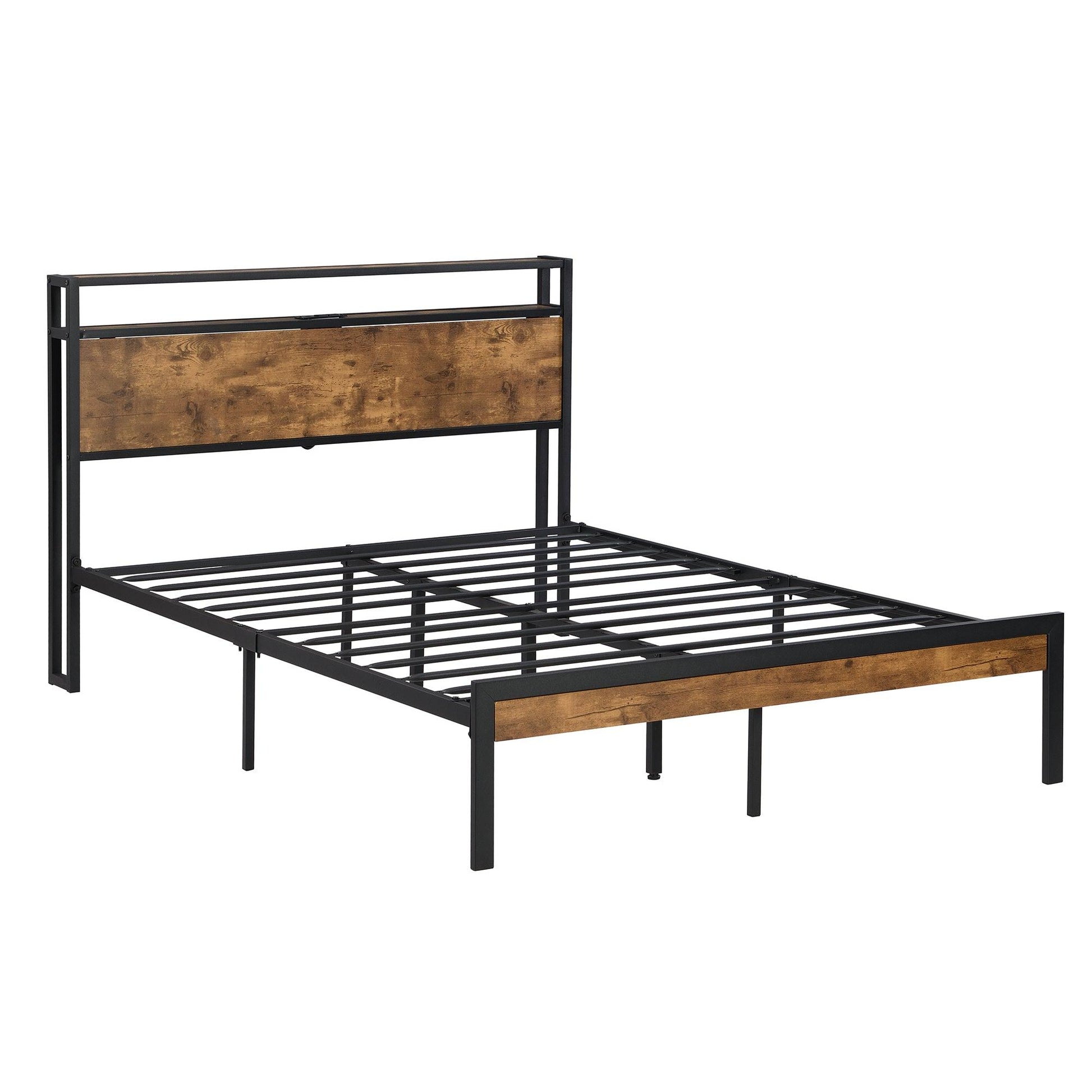 Queen Size Metal Platform Bed Frame with Wooden Headboard and Footboard with USB LINER - FurniFindUSA
