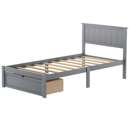 Twin Size Platform Bed with Under-bed Drawer Gray - FurniFindUSA