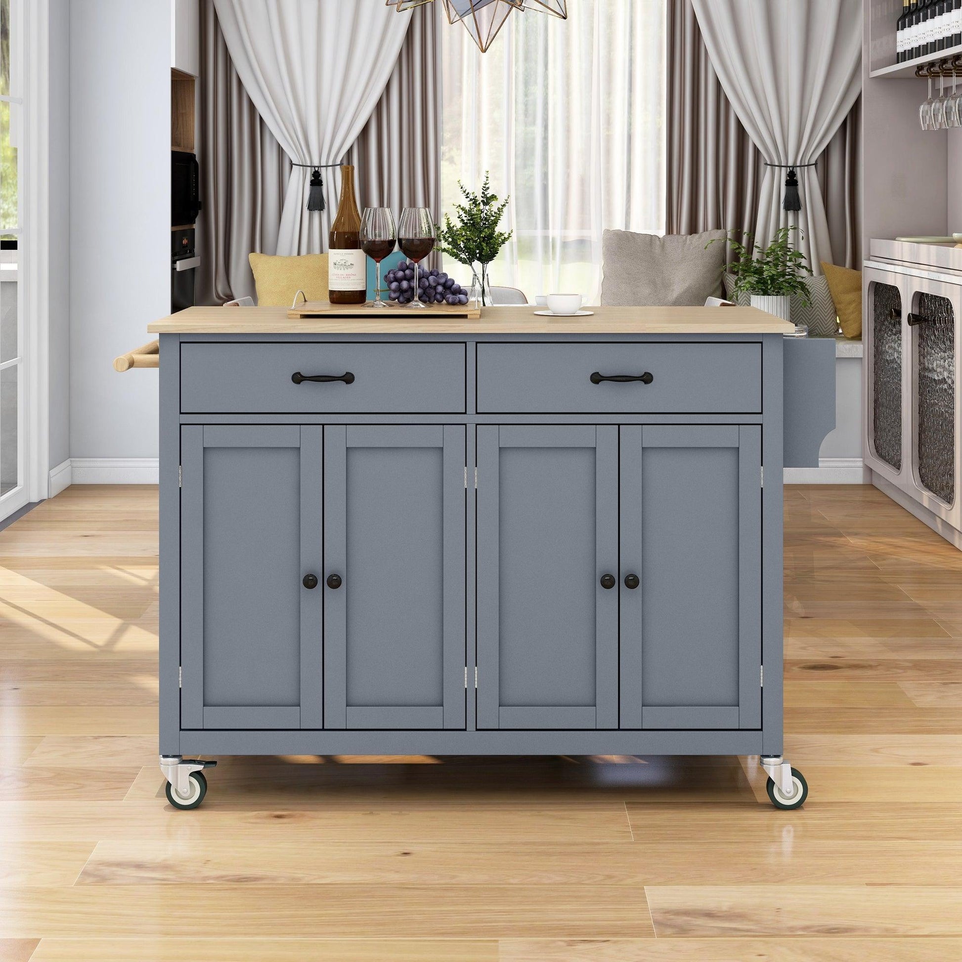 Kitchen Island Cart with Solid Wood Top and Locking Wheels 54.3 Inch Width (Grey Blue) - FurniFindUSA