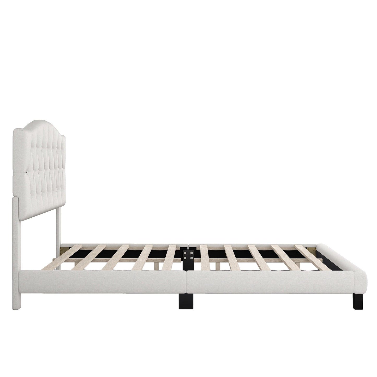 Upholstered Platform Bed with Saddle Curved Headboard and Diamond Tufted Details Queen Beige - FurniFindUSA