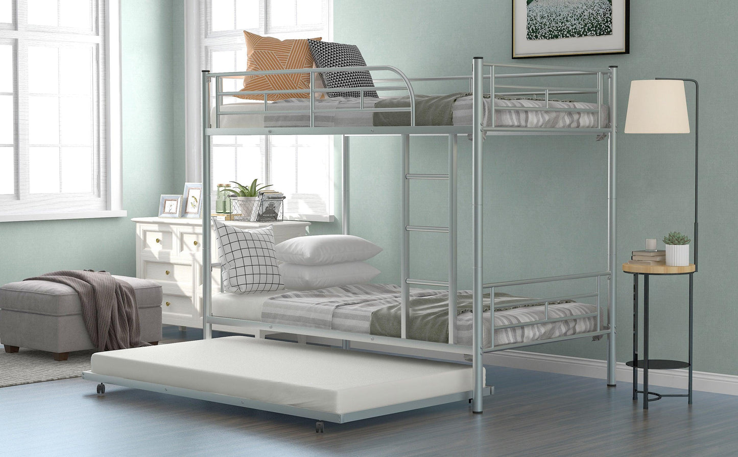 Twin-Over-Twin Metal Bunk Bed With Trundle Can be Divided into two beds No Box Spring needed White - FurniFindUSA