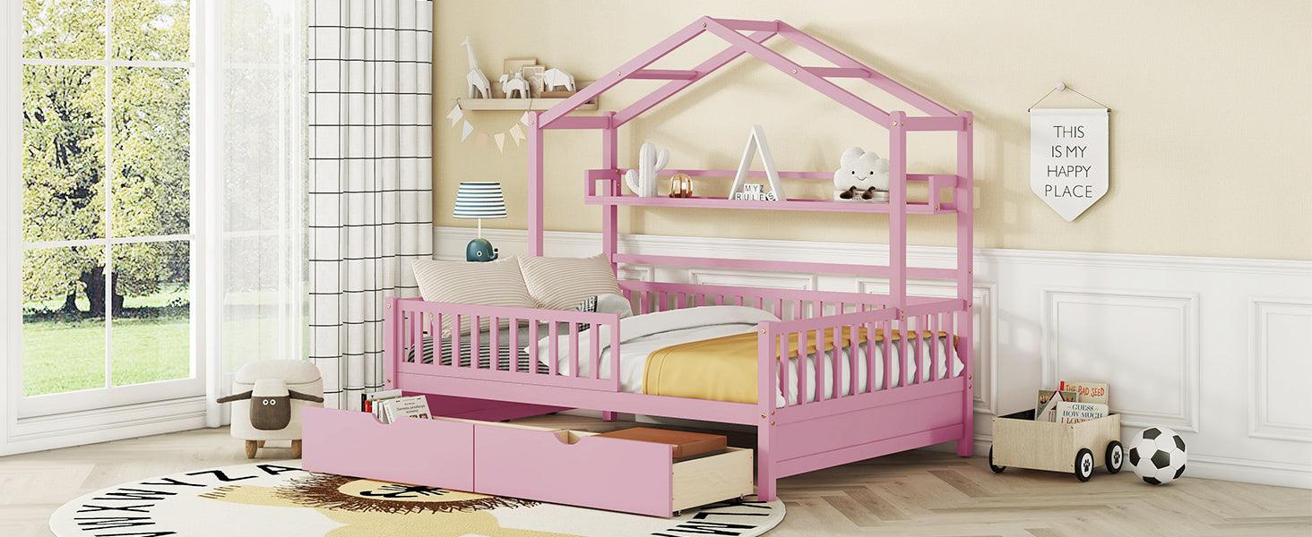 Wooden Full Size House Bed with 2 Drawers Kids Bed with Storage Shelf Pink - FurniFindUSA