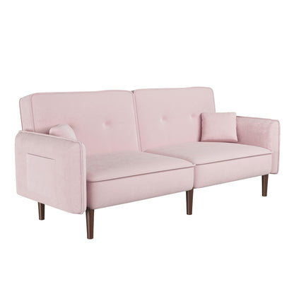 Convertible Sofa Bed with Wood Legs in Velvet(Pink) - FurniFindUSA