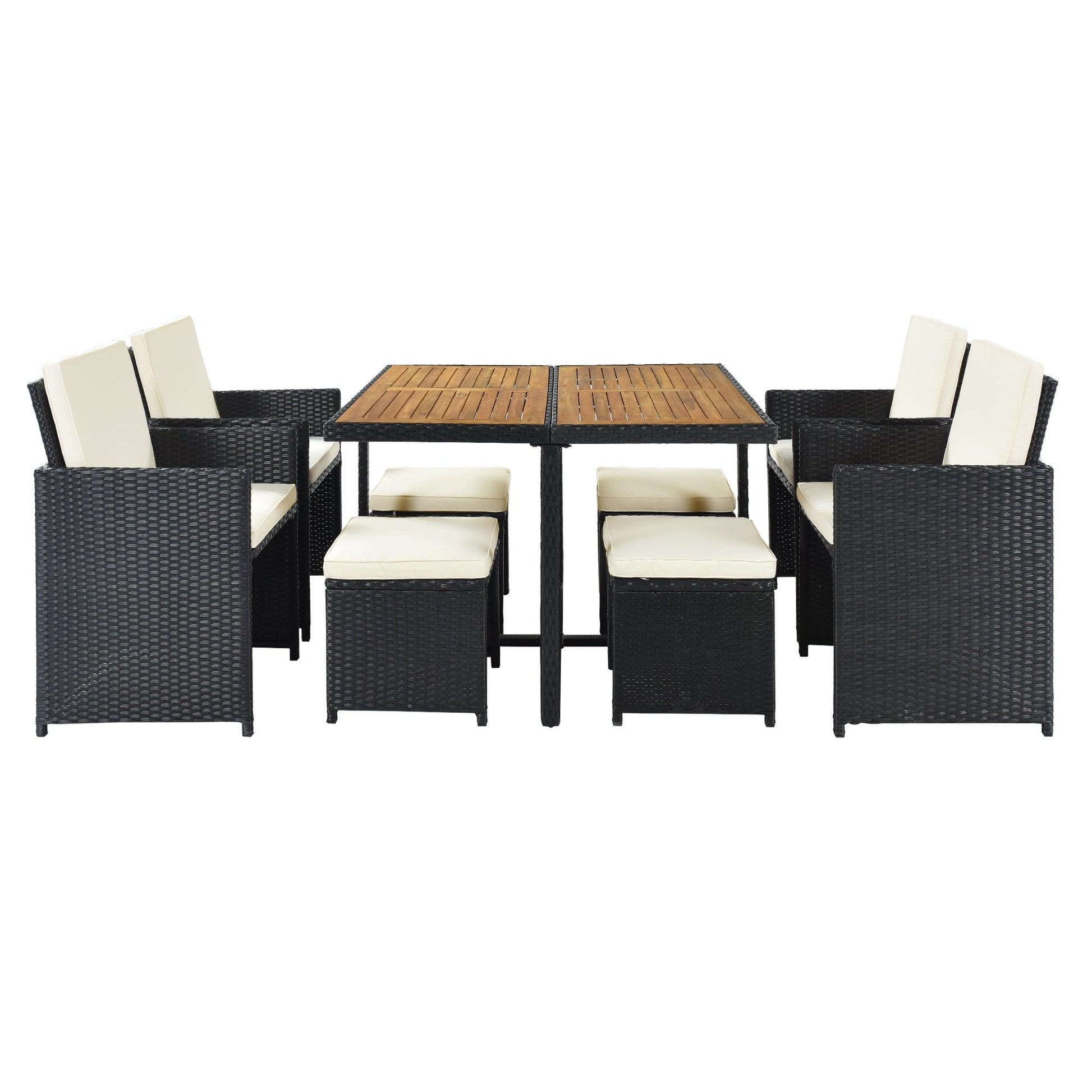 TOPMAX Patio All-Weather PE Wicker Dining Table Set with Wood Tabletop for 8, Black Rattan+Beige Cushion (9-Piece) - FurniFindUSA