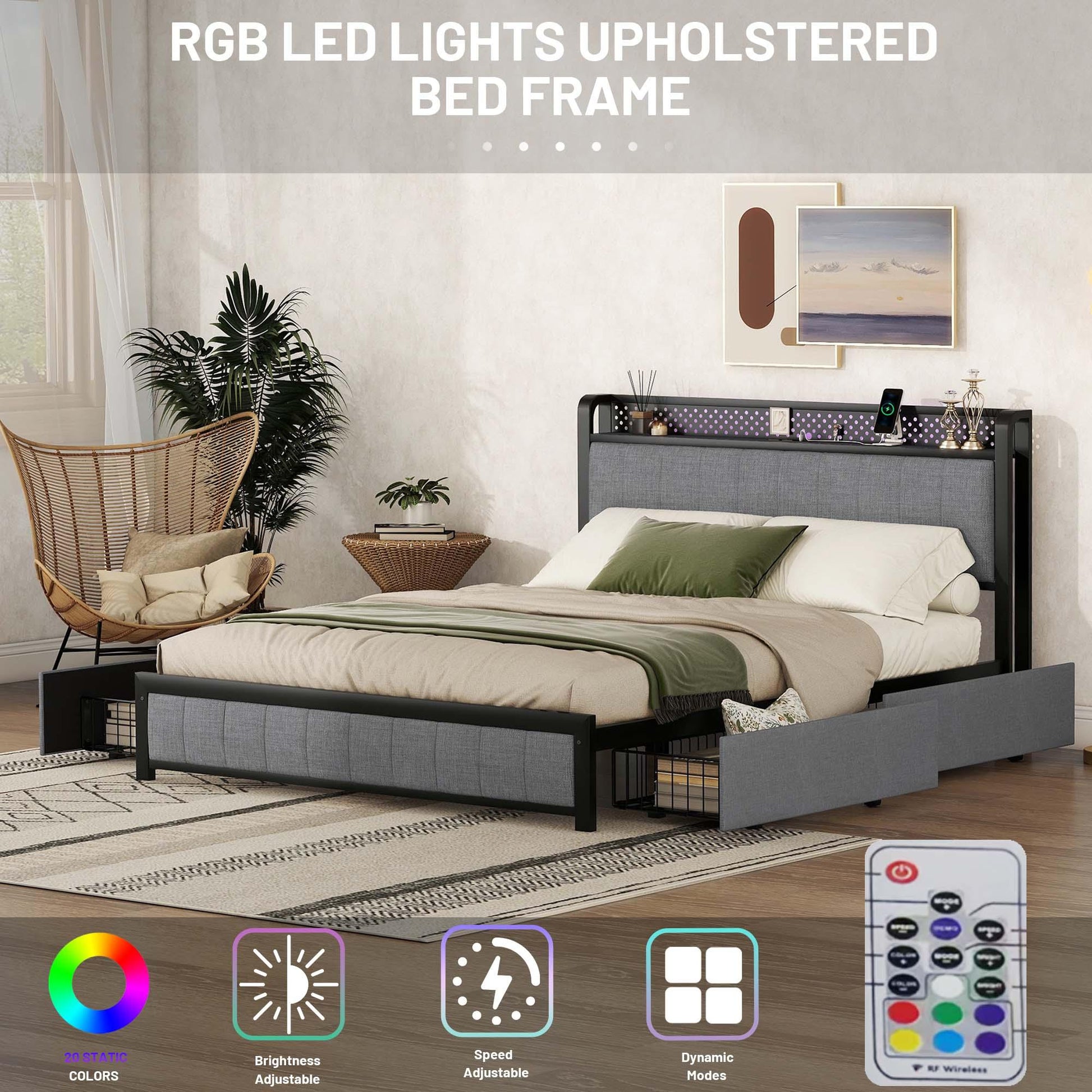 Queen Bed Frame with LED Headboard Upholstered Bed with 4 Storage Drawers and USB Ports Light Grey - FurniFindUSA