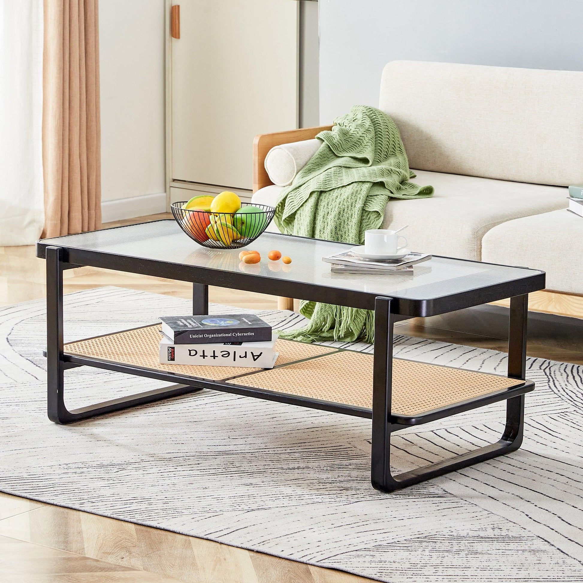 Modern minimalist rectangular double layer black solid wood imitation rattan coffee table - FurniFindUSA