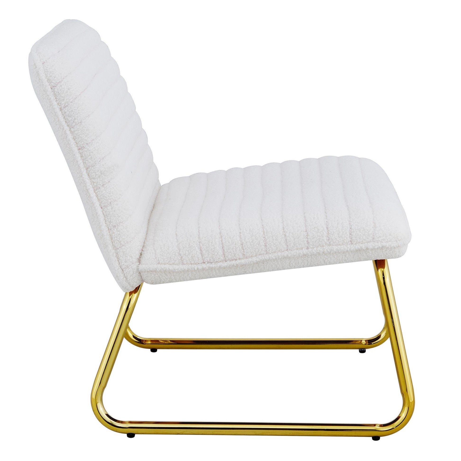 One White minimalist armless sofa chair with plush cushion and backrest paired with golden metal legs - FurniFindUSA