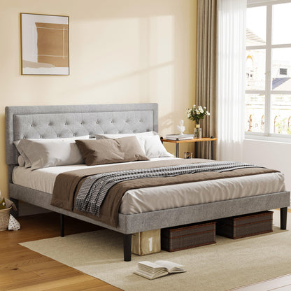 Light Grey Bed Frame with Adjustable Border Headboard Queen Size - FurniFindUSA