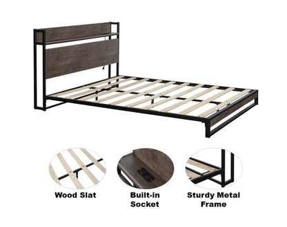 Platform Queen Bed with Socket Fast Assemble Design - FurniFindUSA