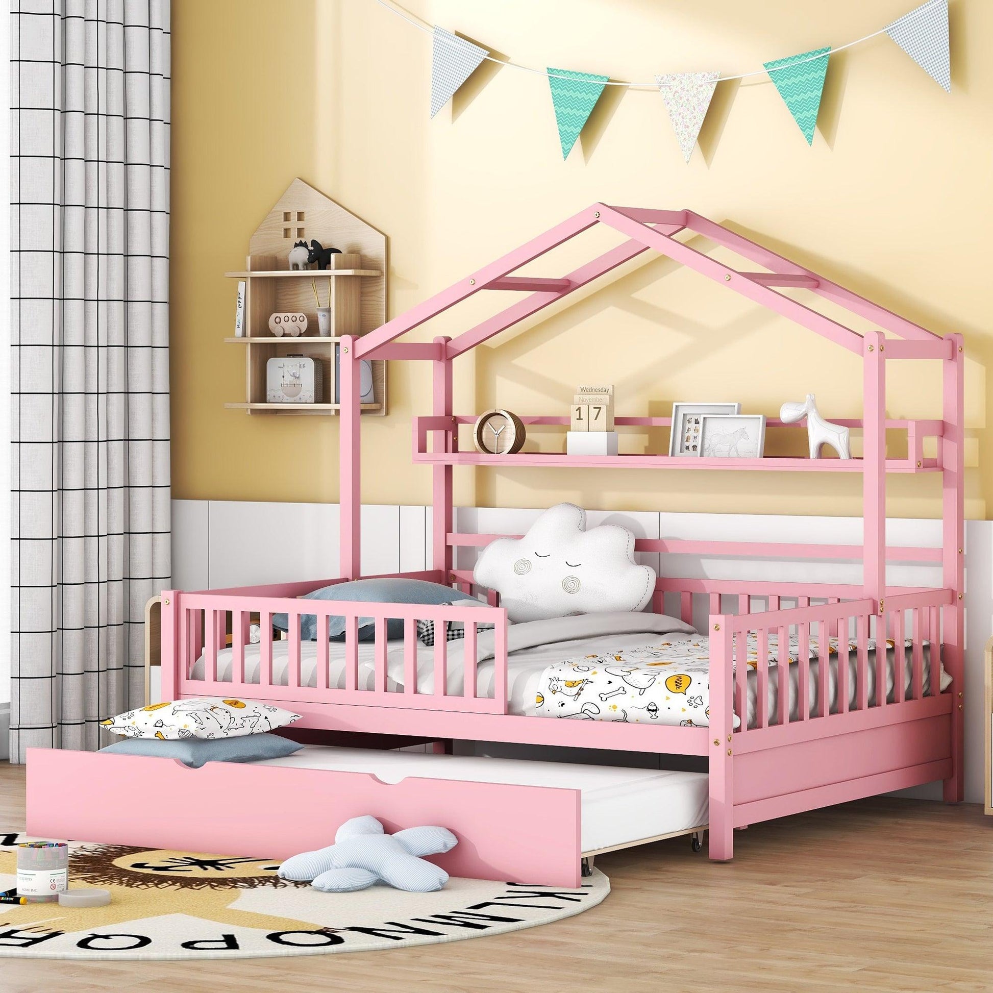 Wooden Full Size House Bed with Twin Size Trundle Kids Bed with Shelf Pink - FurniFindUSA