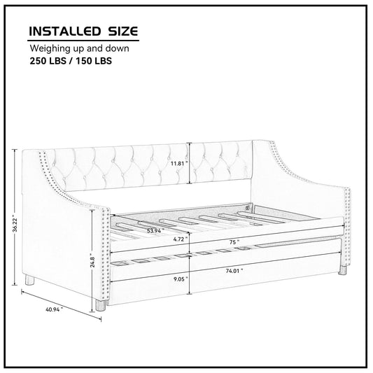 Upholstered Daybed with Trundle Twin Size Frame Beige Velvet - FurniFindUSA