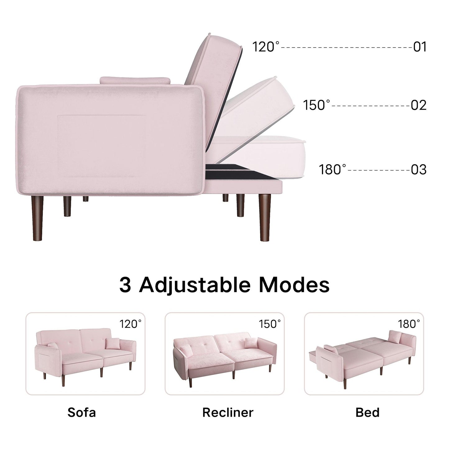 Convertible Sofa Bed with Wood Legs in Velvet(Pink) - FurniFindUSA