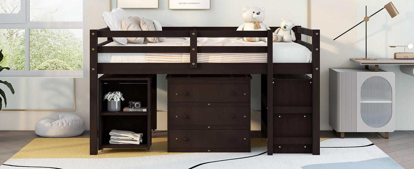 Low Study Full Loft Bed with Cabinet Shelves and Rolling Portable Desk Multiple Functions Bed- Espresso - FurniFindUSA