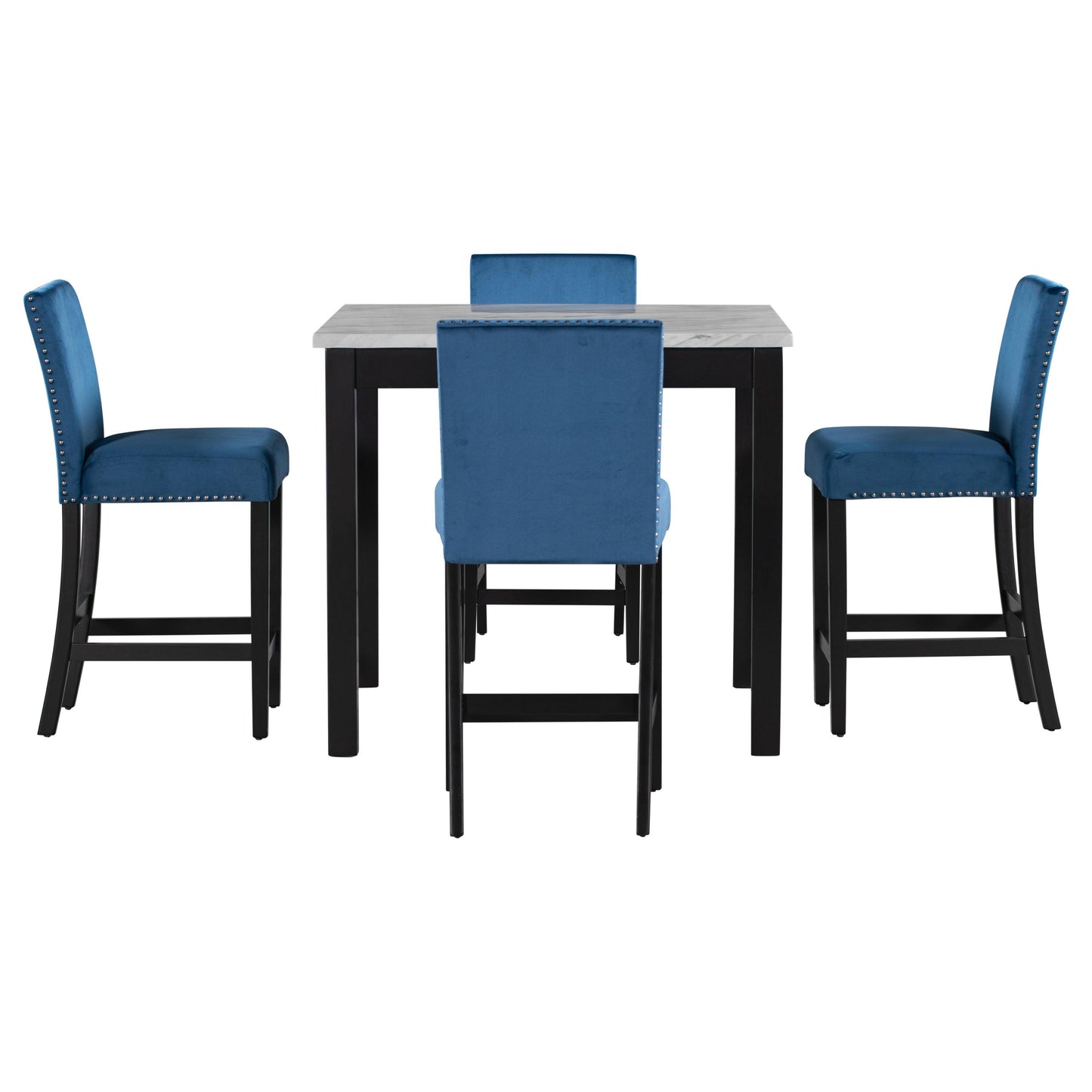 5-piece Counter Height Dining Table Set with One Faux Marble Dining Table and Four Upholstered-Seat Chairs Blue - FurniFindUSA