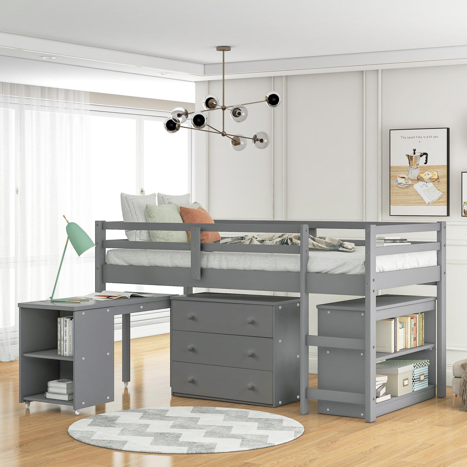 Low Study Twin Loft Bed with Cabinet and Rolling Portable Desk - Gray - FurniFindUSA