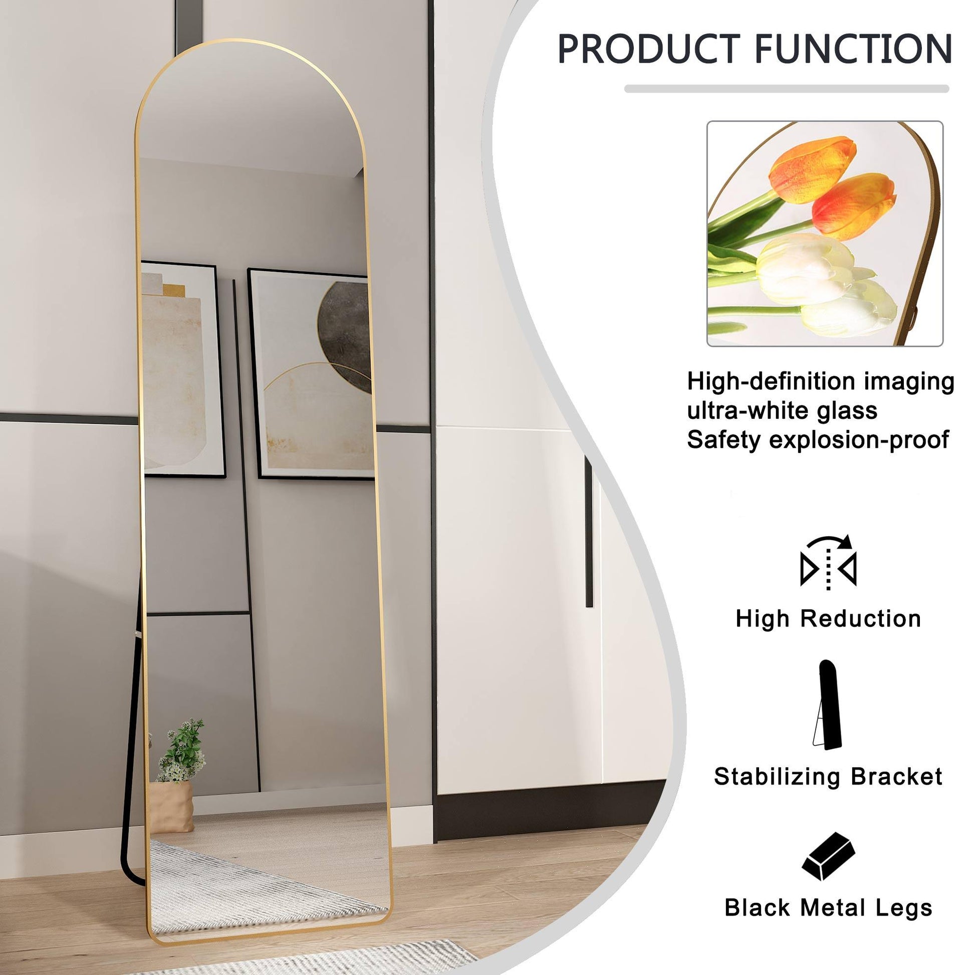 The 1st generation of floor mounted full length mirrors Aluminum alloy metal frame arched wall mirror bathroom makeup mirror - FurniFindUSA