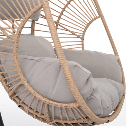 Outdoor Indoor Swing Egg Chair Natural color wicker with beige cushion - FurniFindUSA