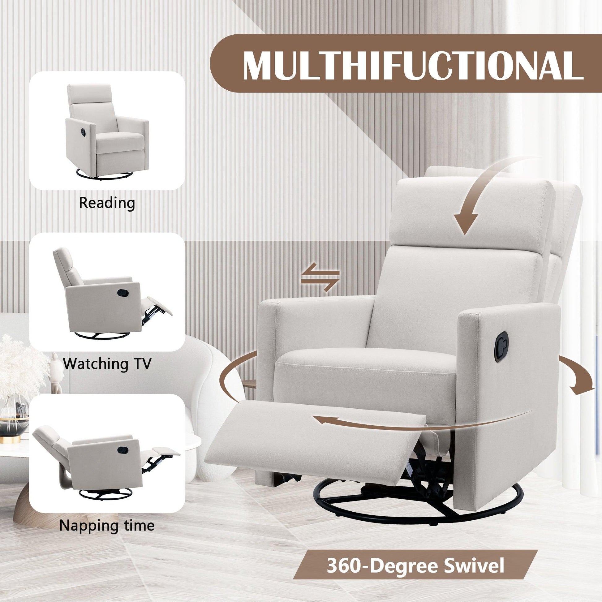 Modern Upholstered Rocker Nursery Chair Plush Seating Glider Swivel Recliner Chair Beige - FurniFindUSA