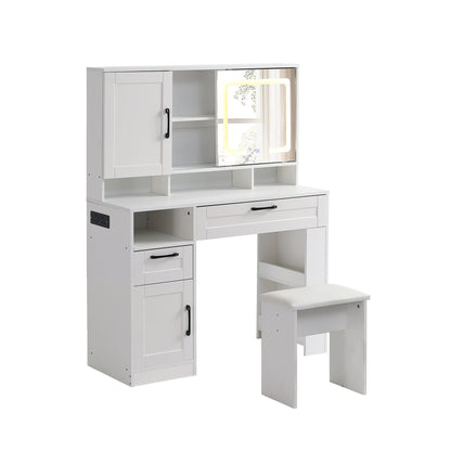 Vanity table with large sliding lighted mirror dressing table with 2 drawers storage shelves and upholstered stool white color - FurniFindUSA