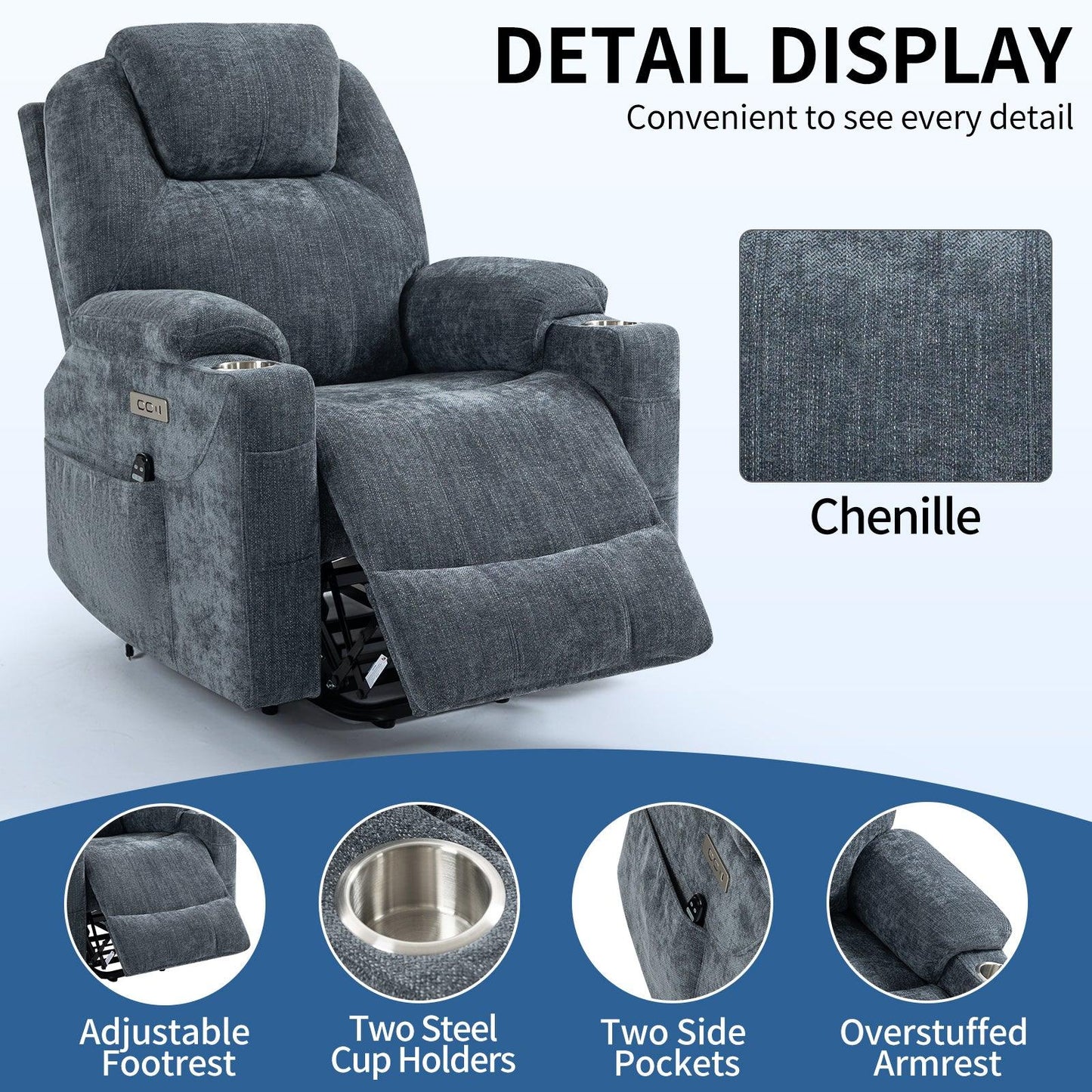 Okin motor Up to 350 LBS Chenille Power Lift Recliner Chair Blue - FurniFindUSA