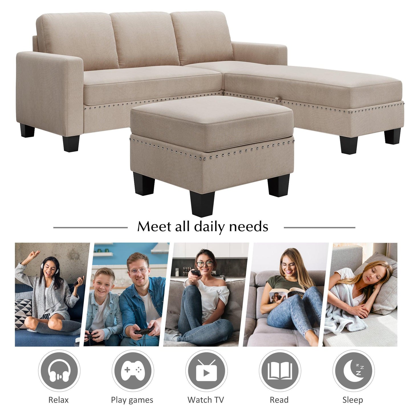 81.1*76.3*35" Reversible Sectional Couch with Storage Ottoman L-Shaped Sofa Warm Grey - FurniFindUSA