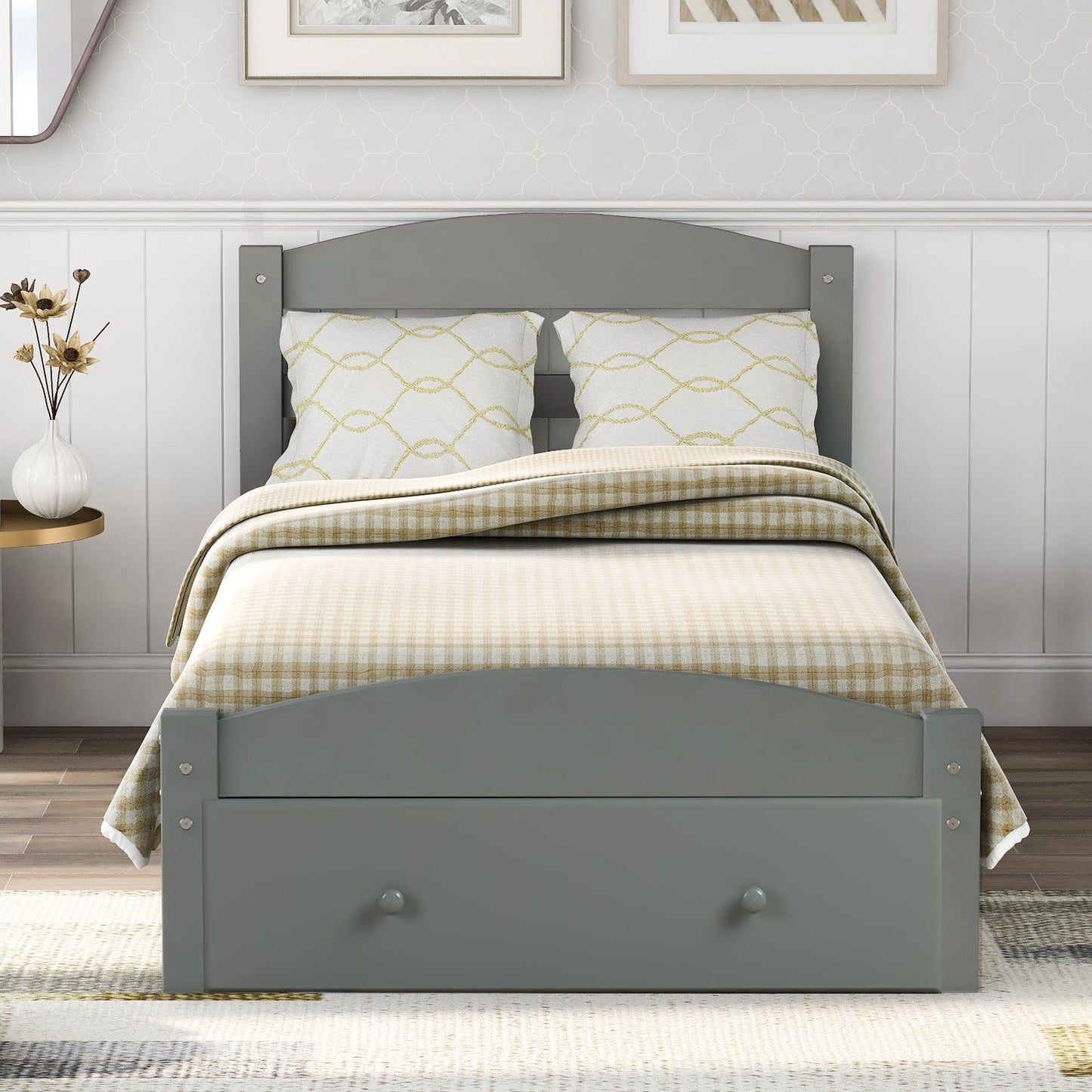 Platform Twin Bed Frame with Storage Drawer and Wood Slat Support No Box Spring Needed Gray - FurniFindUSA