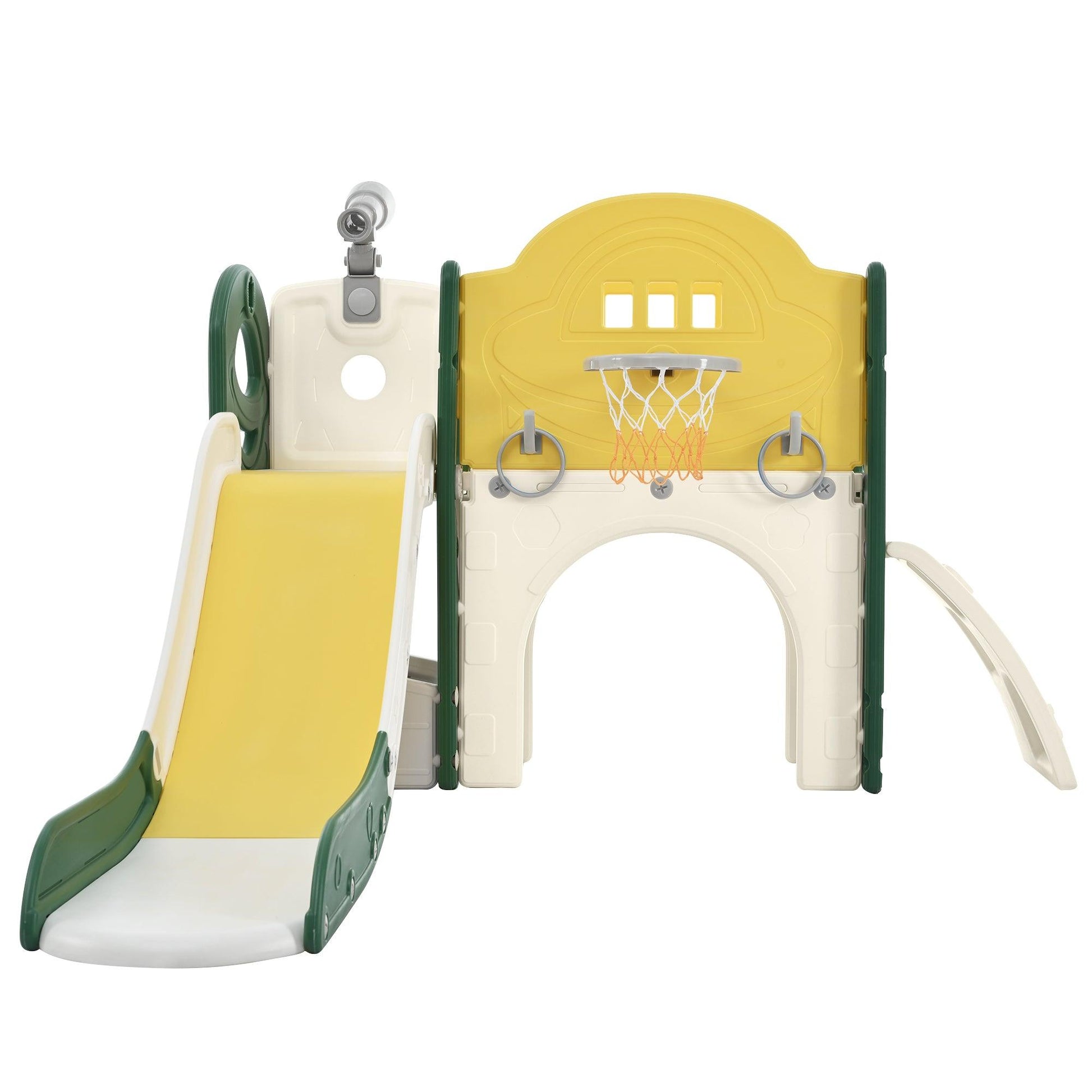 Kids Slide Playset Structure 7 in 1, Freestanding Spaceship Set with Slide, Arch Tunnel Yellow + HDPE - FurniFindUSA