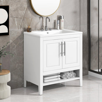 30" Bathroom Vanity with Sink Multi-functional Bathroom Cabinet with Doors and Drawers Solid Frame and MDF Board, White - FurniFindUSA