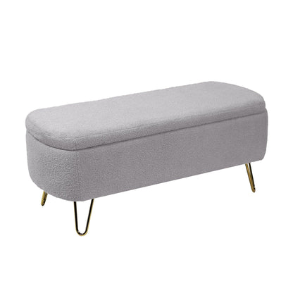 Grey Storage Ottoman Bench for End of Bed Gold Legs Modern Grey Faux Fur Entryway Bench - FurniFindUSA