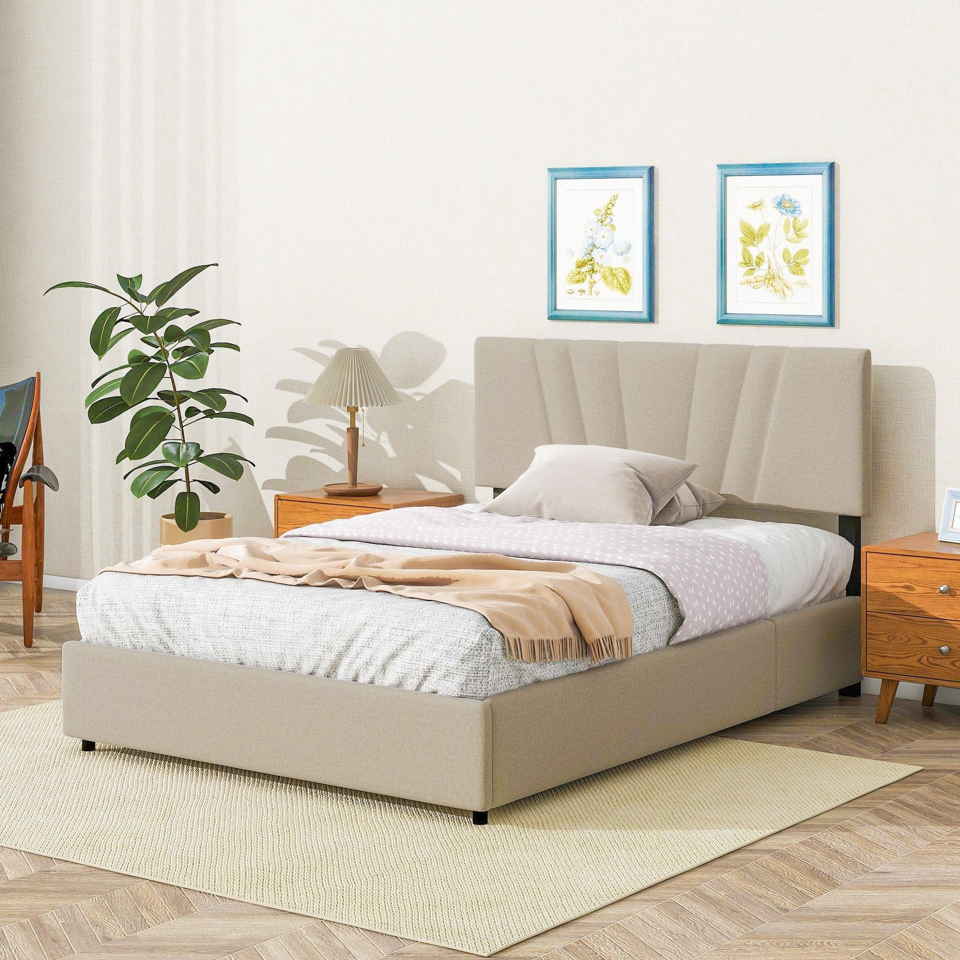 Queen Upholstered Platform Bed with Lifting Storage Queen Size Bed Frame with Storage and Tufted Headboard (Queen Beige) - FurniFindUSA