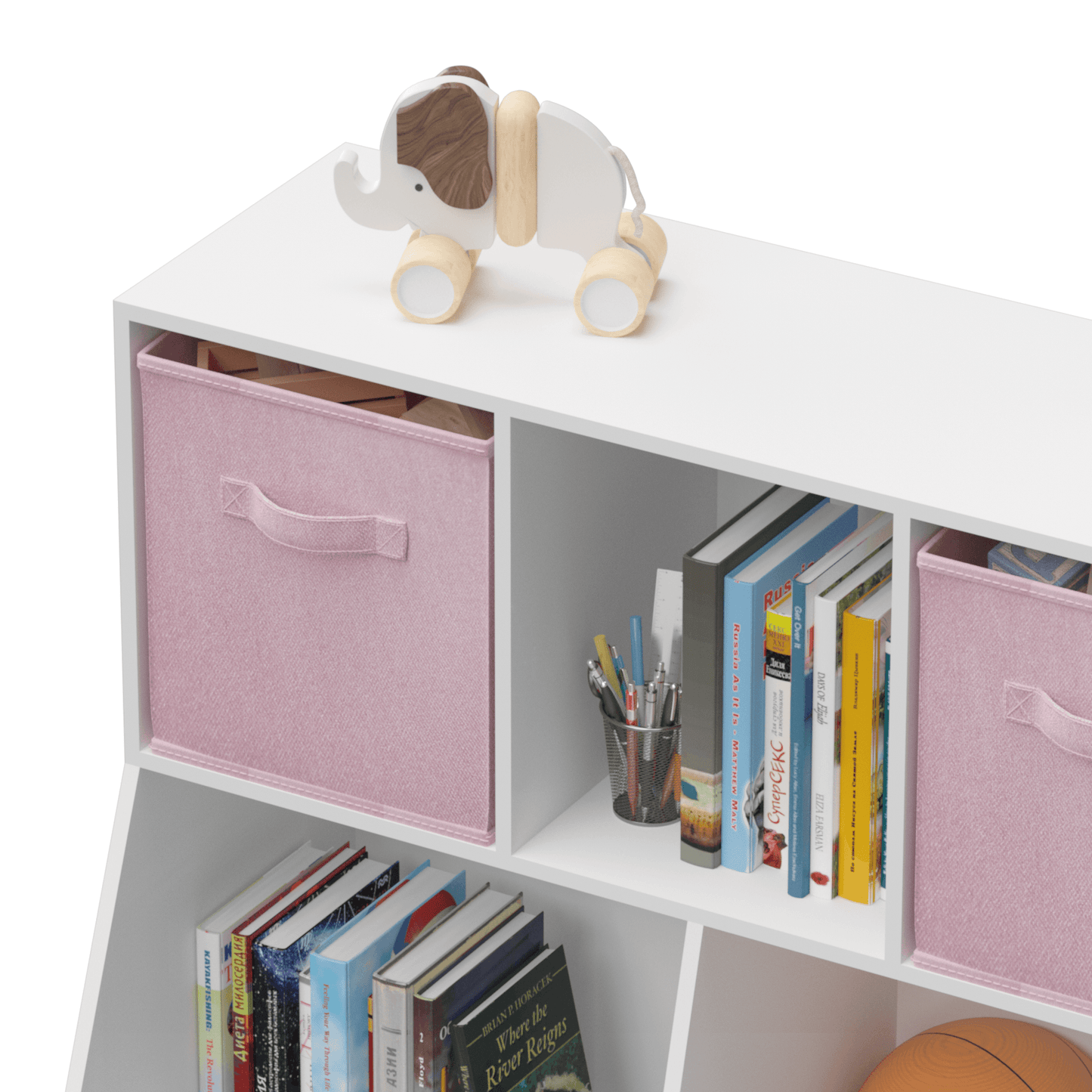 Kids Bookcase with Collapsible Fabric Drawers Children's Toy Storage Cabinet for Playroom White/Pink - FurniFindUSA