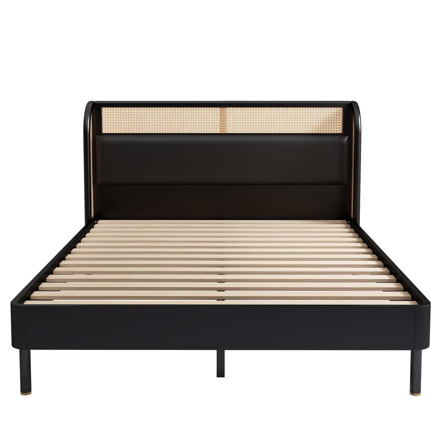 Modern Cannage Rattan Wood Platform Queen Bed Black - FurniFindUSA