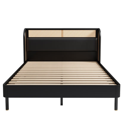 Modern Cannage Rattan Wood Platform Queen Bed Black - FurniFindUSA