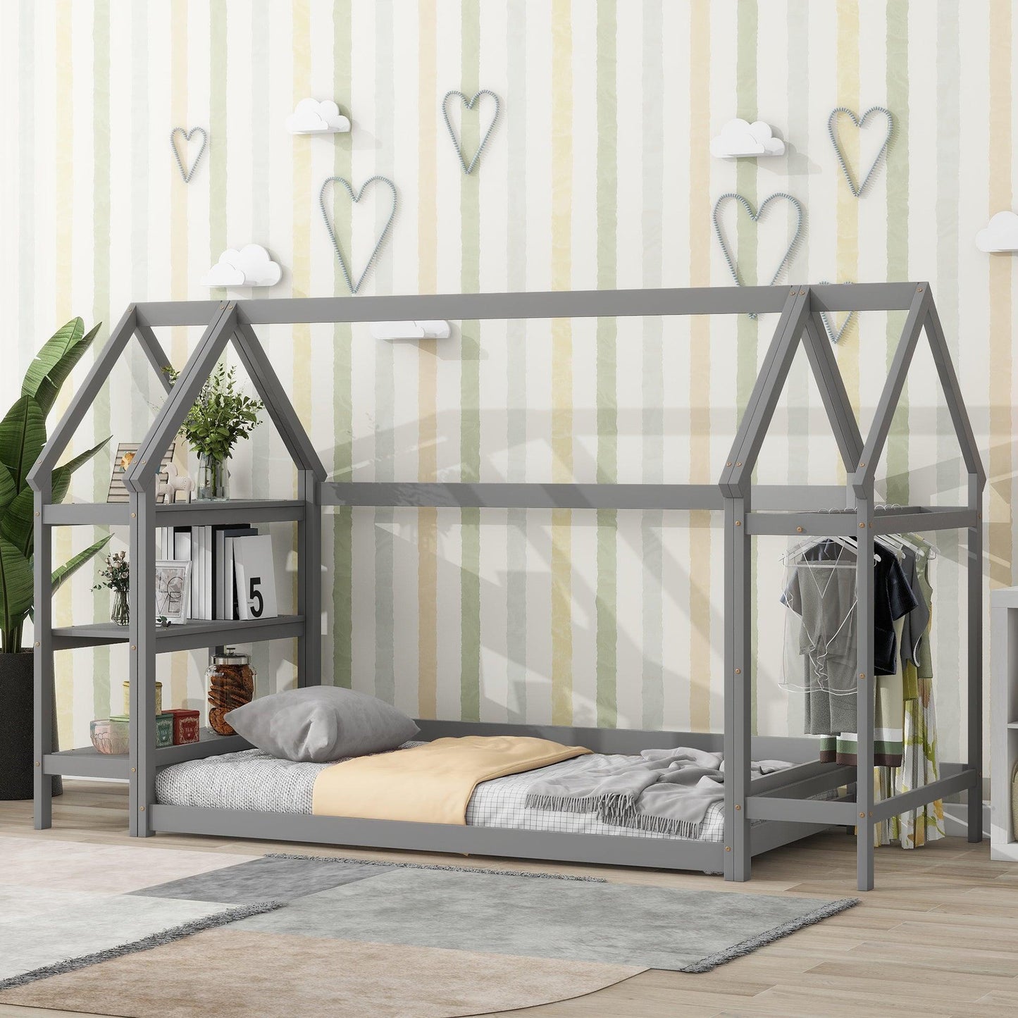 Twin House-Shaped Floor Bed with 2 Detachable Stands Grey - FurniFindUSA